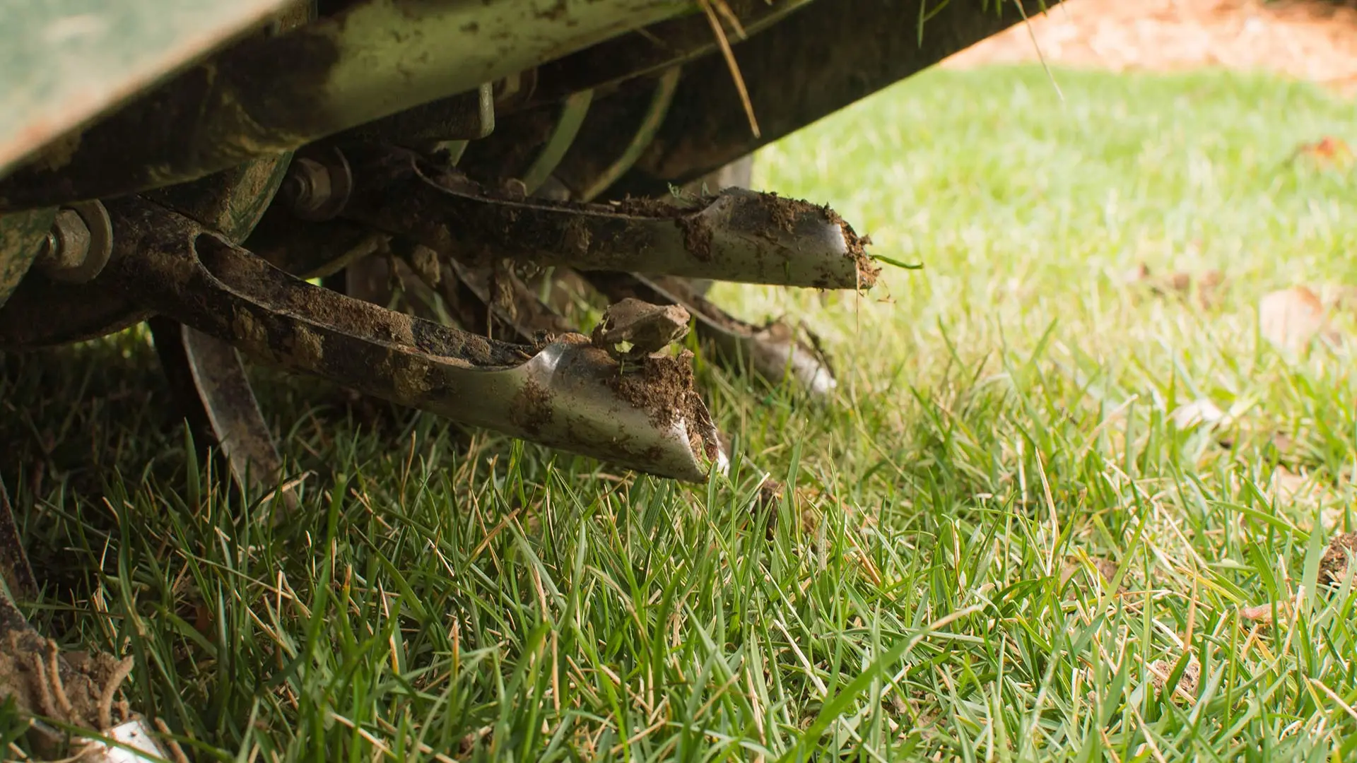 A close up of an aeration machine at work strengthening a lawn near Lady Lake, FL.
