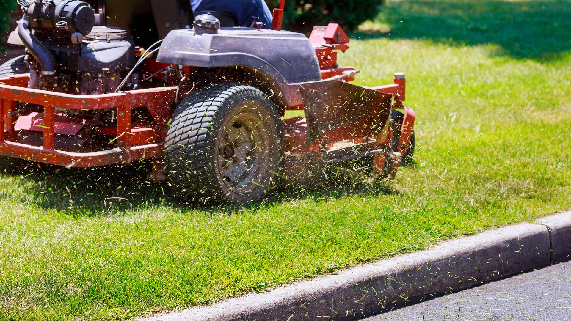 A lawn mower is cutting the grass of a healthy lawn near The Villages, FL.