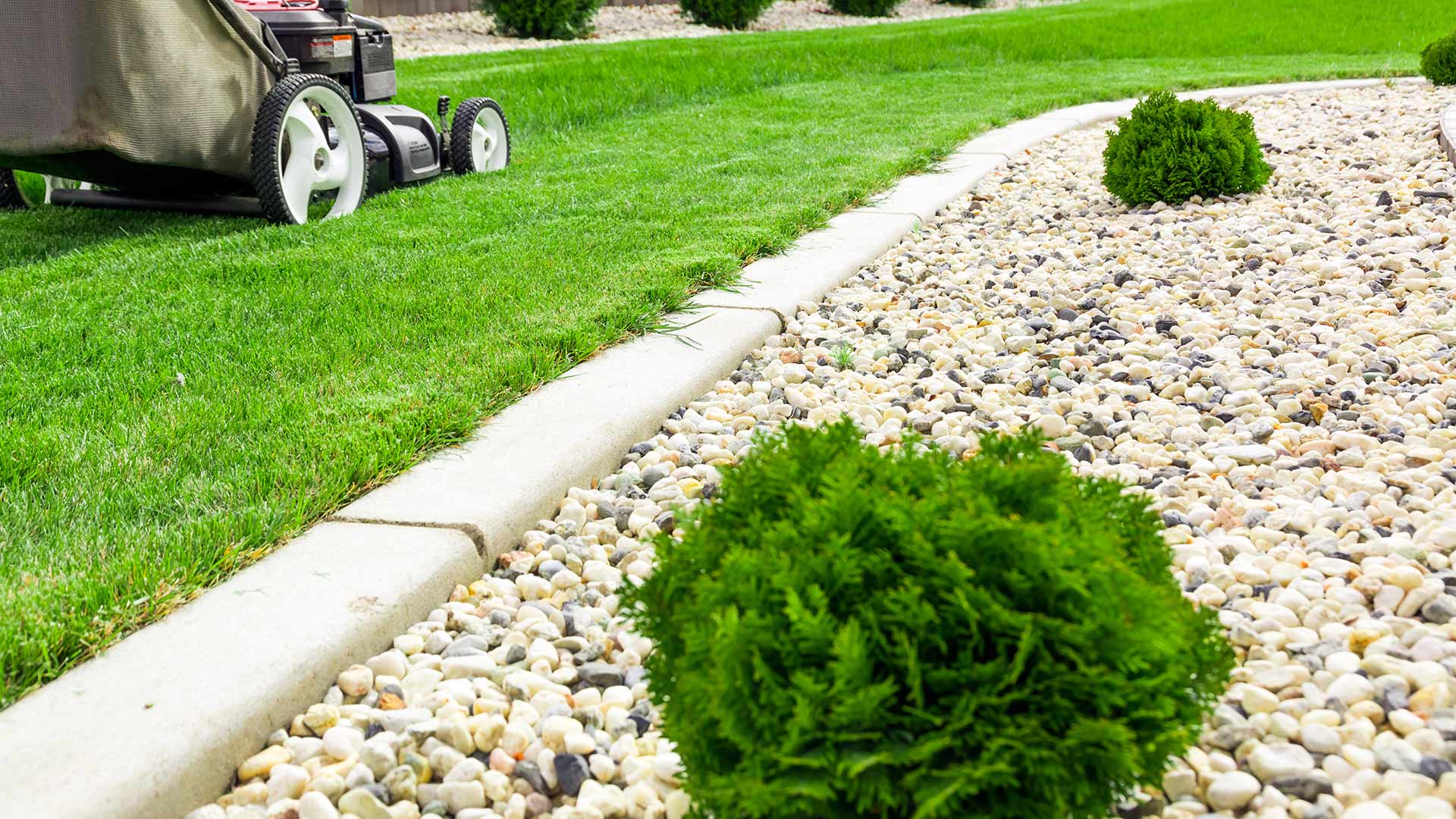 A beautiful, healthy, lawn is being mowed with a rock landscape bed in the foreground in The Villages, FL.