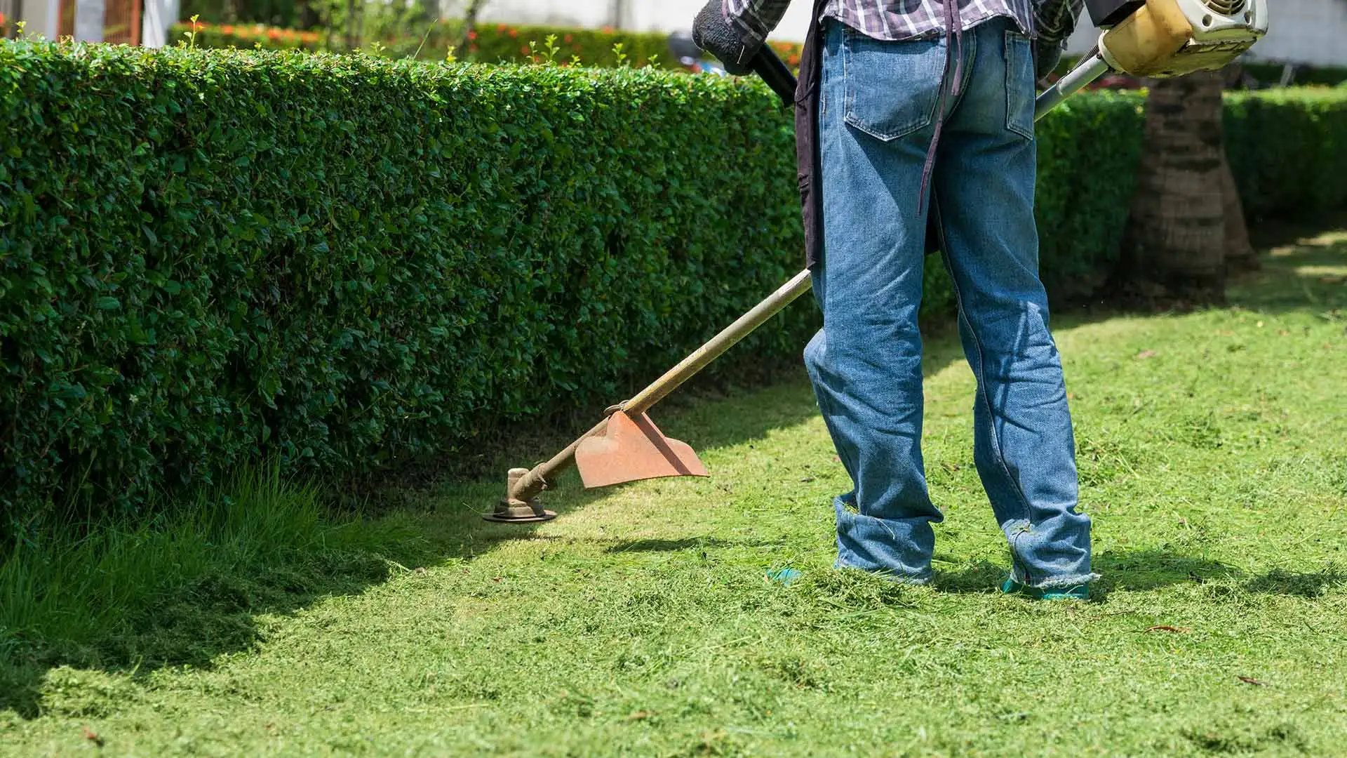 A FertiGator Lawn Care employee trimming the ends of the lawn with a weedwhacker.