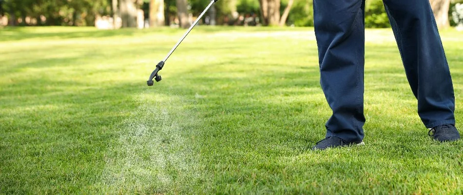 Crew spraying a fertilizer treatment on a lawn in The Villages, FL.