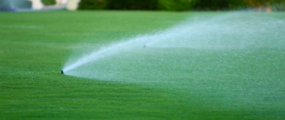 Lawn in The Villages, FL, with sprinklers spraying water.