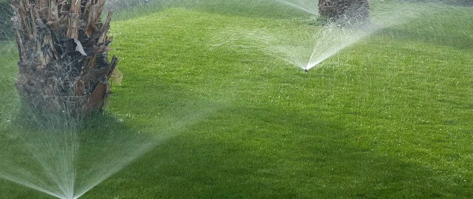 Running sprinklers and palm trees on a lawn in The Villages, FL.