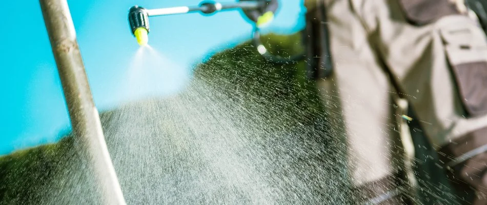 Spraying weed control treatment on a landscape bed in The Villages, FL.