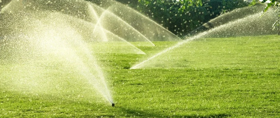 Water spraying from sprinklers on a lawn in The Villages, FL.