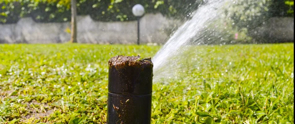 Clogged sprinkler head spraying water on a lawn in The Villages, FL.