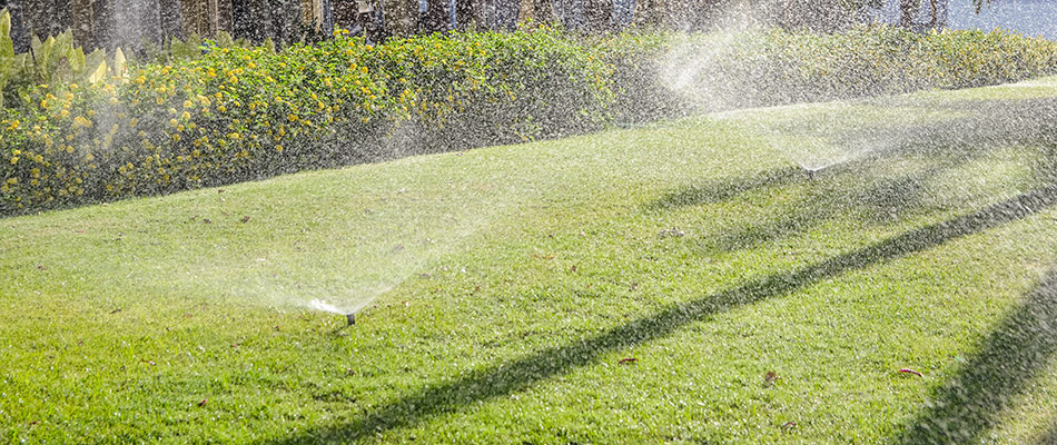 Sprinklers are spraying a lawn with fertilizer with the sun shining as it sets, shrubs in the background.