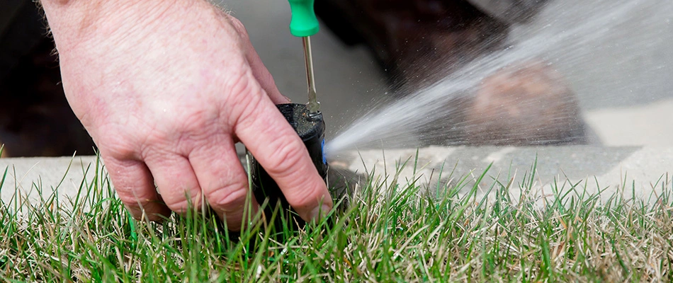 Irrigation repair expert is fixing a sprinkler head.