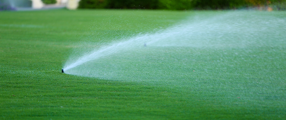 Sprinklers are spraying a lawn with fertilizer and weed control solution.
