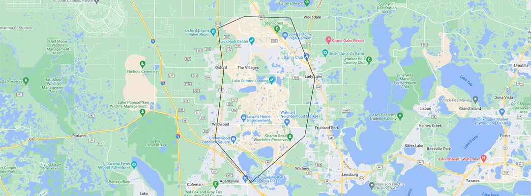 Map of The Villages, FL area and nearby communities.