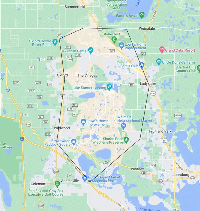 Map of The Villages, FL area and nearby communities.