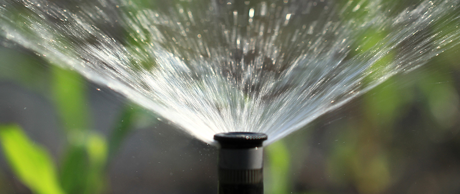 A sprikler head spraying water, lawn fertilizer, and weed control up close with the background blurred.