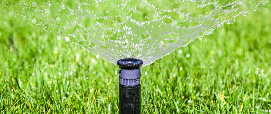 A sprinkler is watering a lawn while also spraying lawn fertilizer.