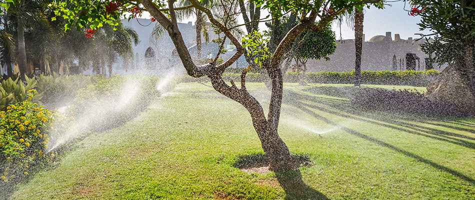 Sprinklers are watering and fertilizing a lawn, the trees and the shrubs near The Villages, FL.